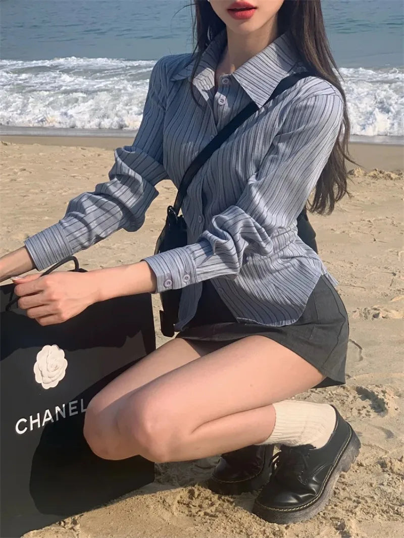 Striped Polo Collar Blouse