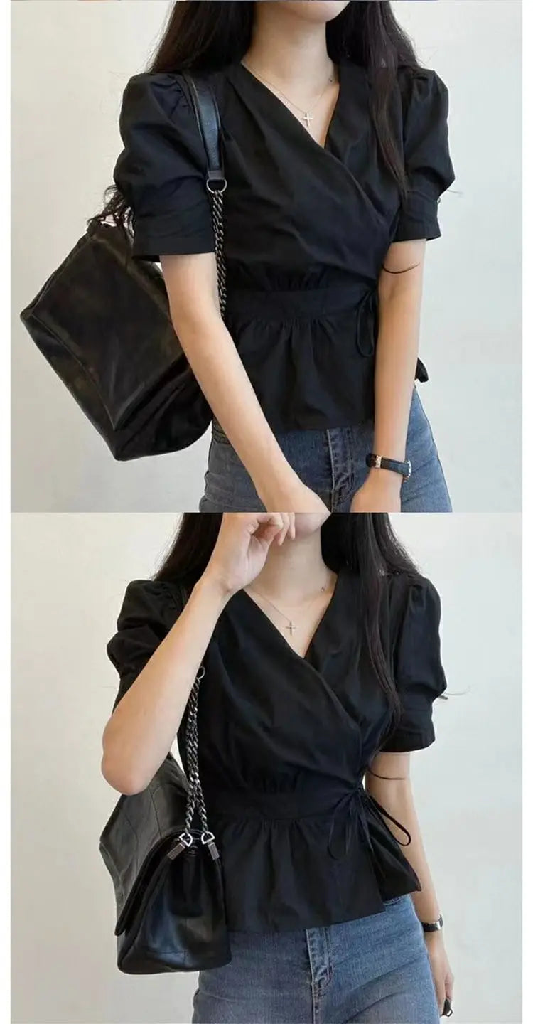 Chic Solid All-Match Lace -Up Blouse