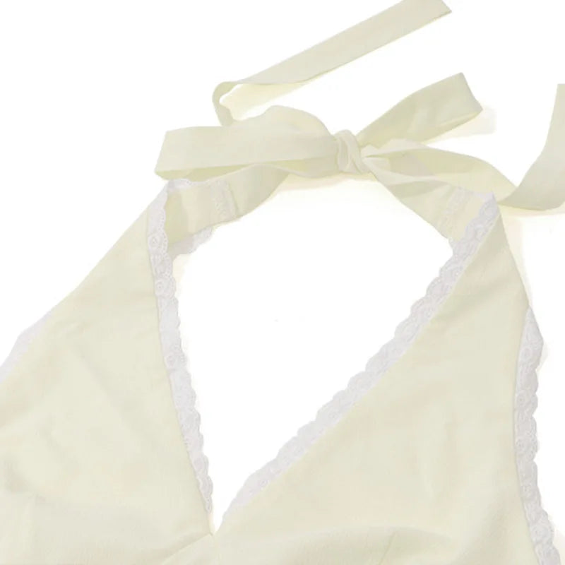 2 Piece Lace Trim Tie Halter Neck Ruffle Top + Mini Skirt