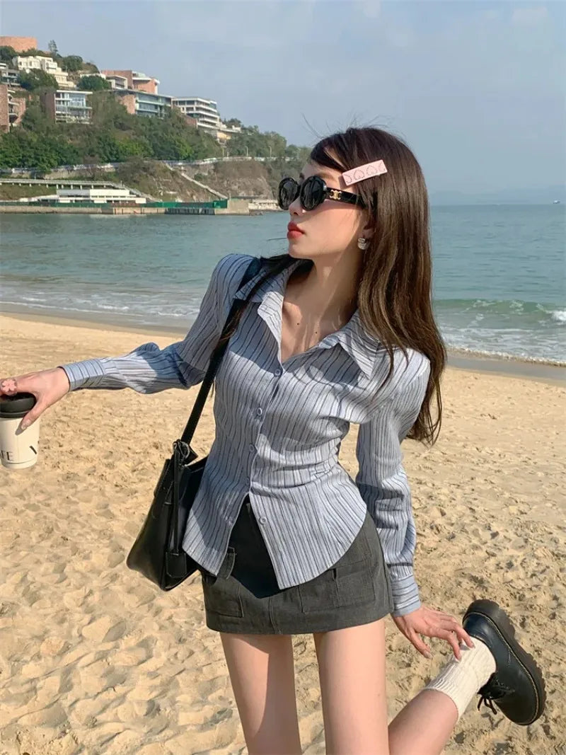Striped Polo Collar Blouse