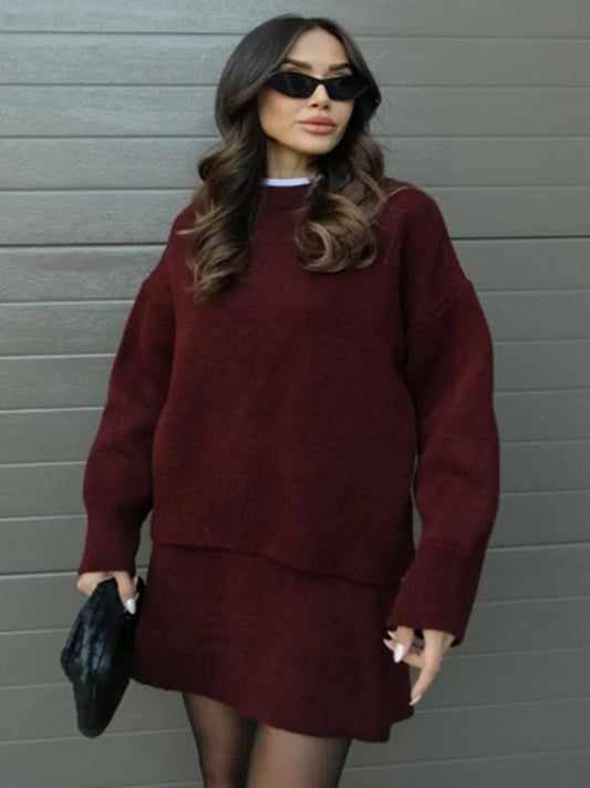 Elegant Knitted Skirt Long Sleeve Pullover Set