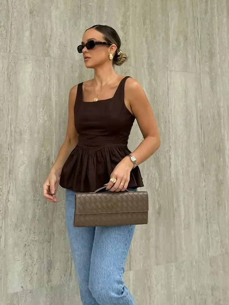 Slim Brown Pleated Tank Top