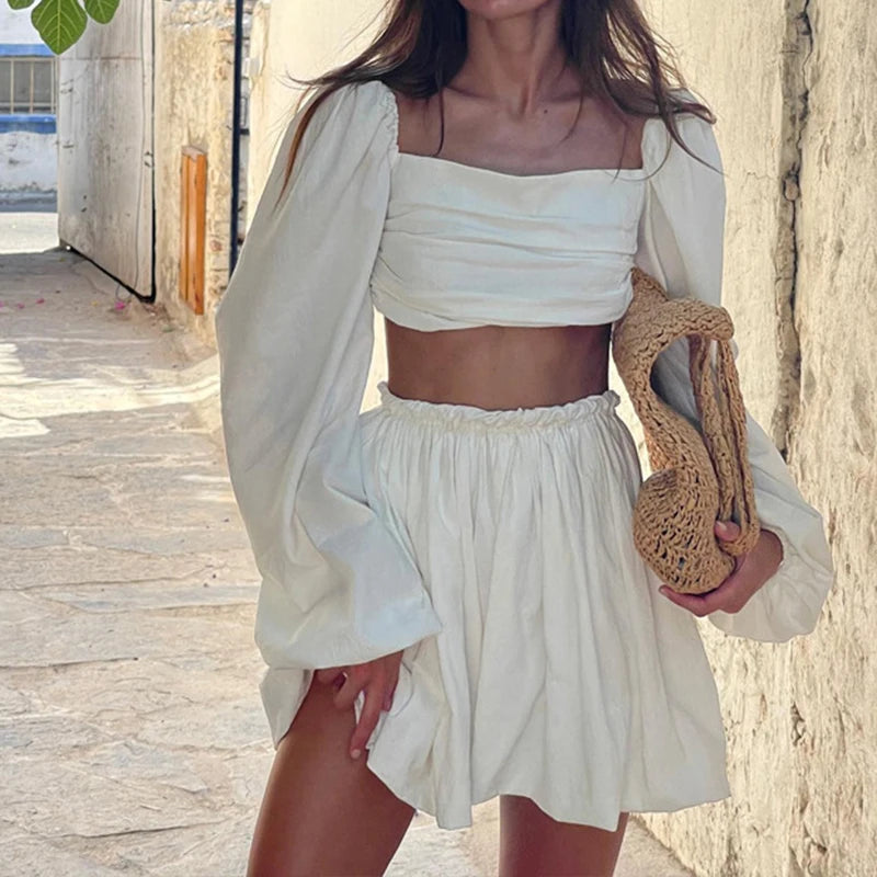 Elastic High Waist Mini Skirt + Lantern Long Sleeve Top Set