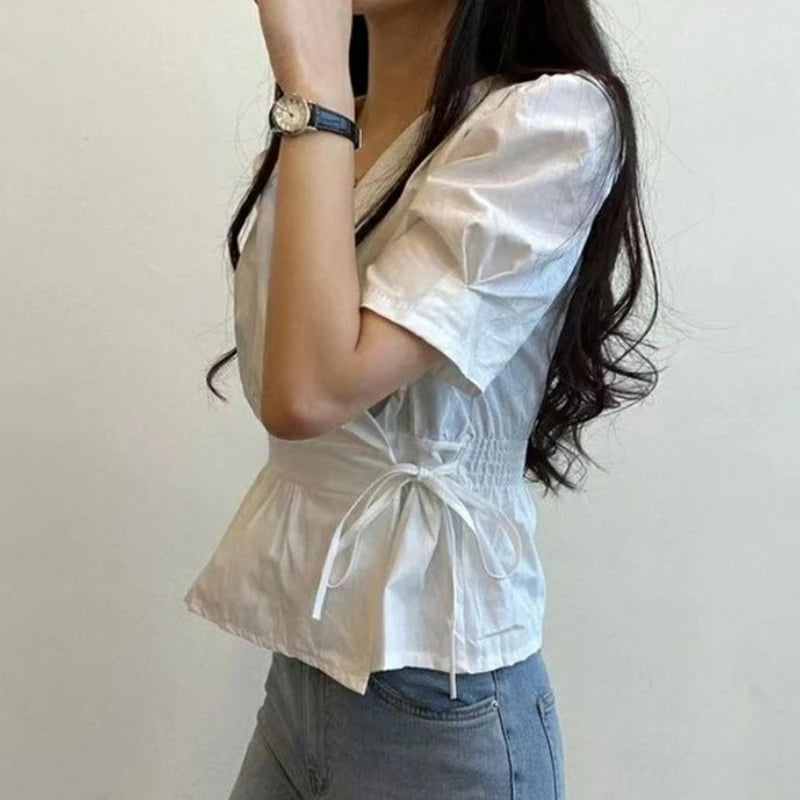 Chic Solid All-Match Lace -Up Blouse