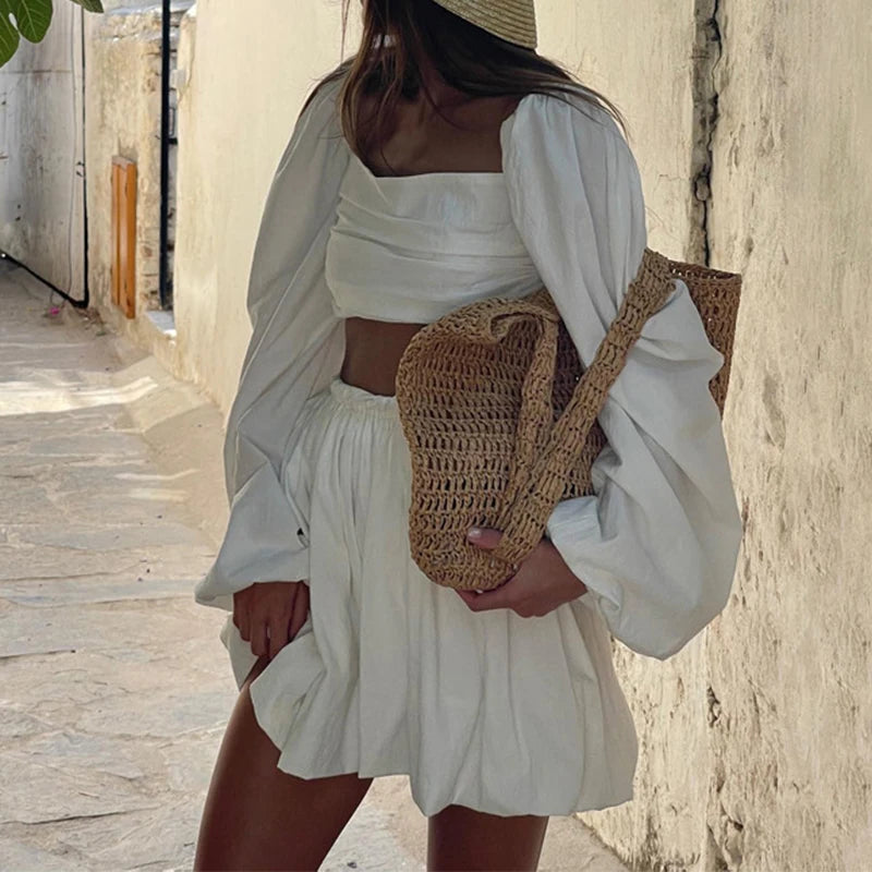 Elastic High Waist Mini Skirt + Lantern Long Sleeve Top Set
