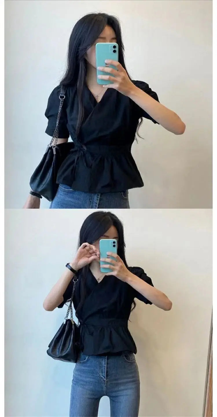 Chic Solid All-Match Lace -Up Blouse