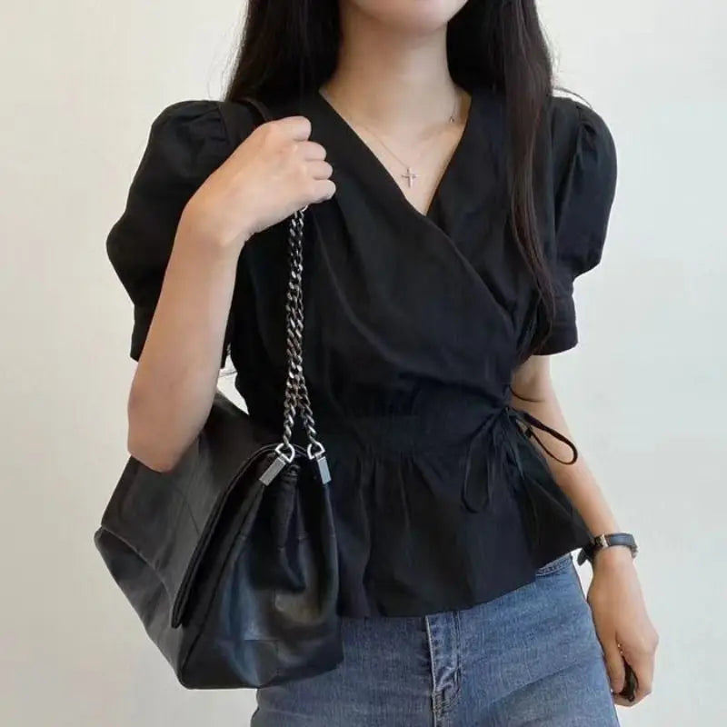 Chic Solid All-Match Lace -Up Blouse