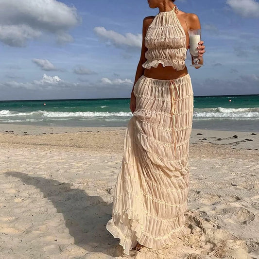 Matching Ruched Halter Cami Tops + Maxi Long Skirt