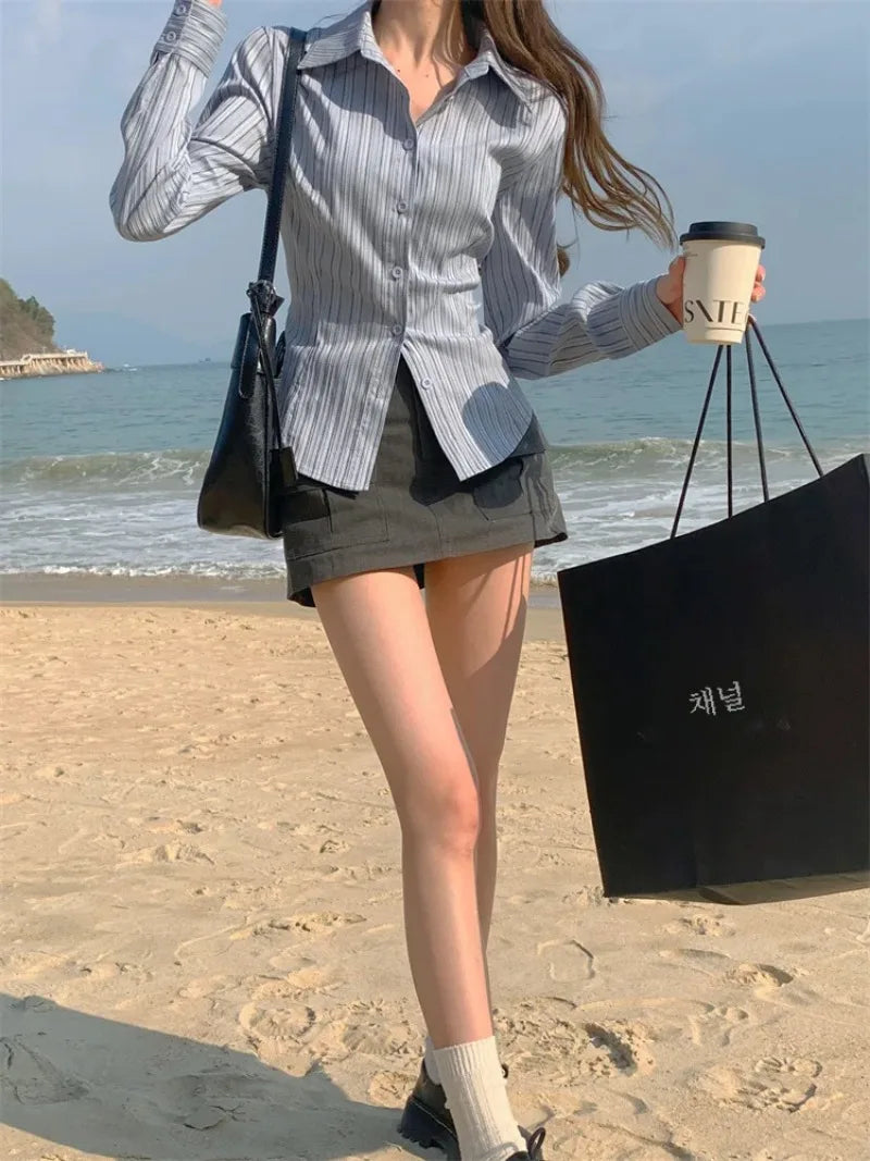 Striped Polo Collar Blouse