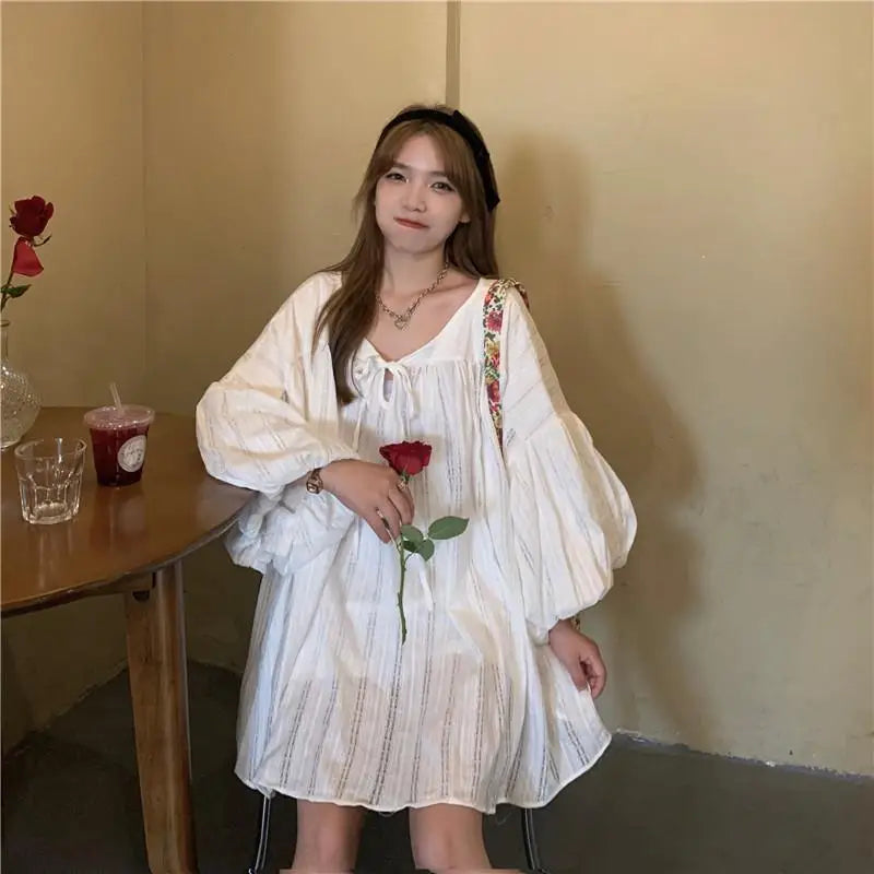 Simple Sheer Loose Lantern Sleeve Dress