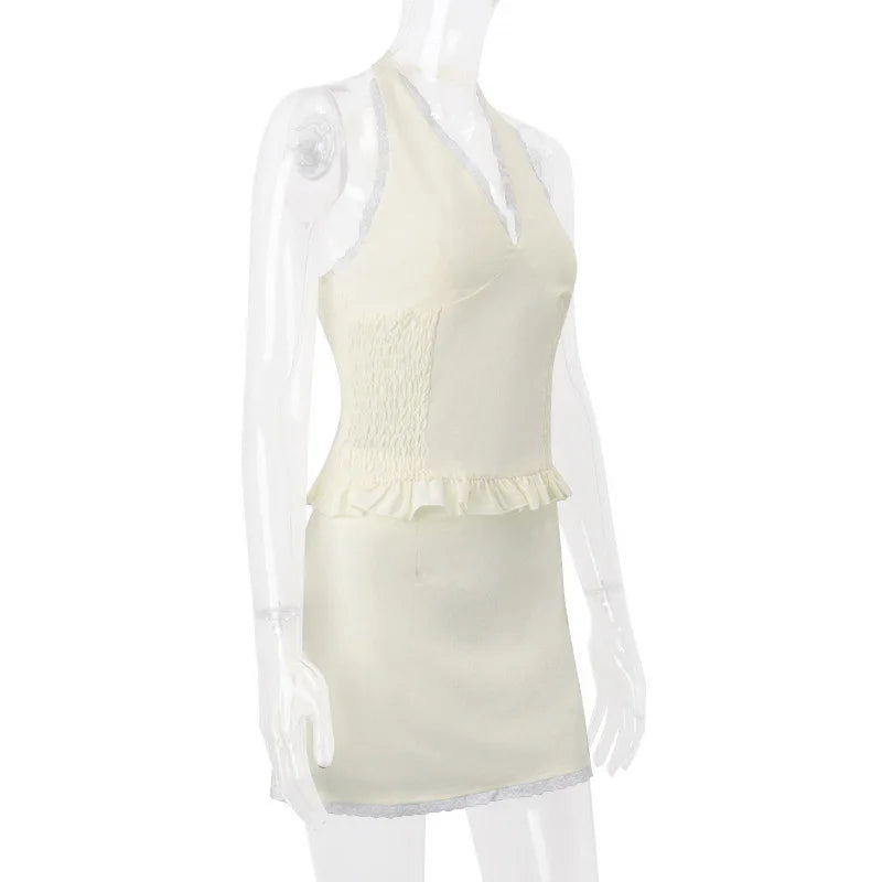 2 Piece Lace Trim Tie Halter Neck Ruffle Top + Mini Skirt