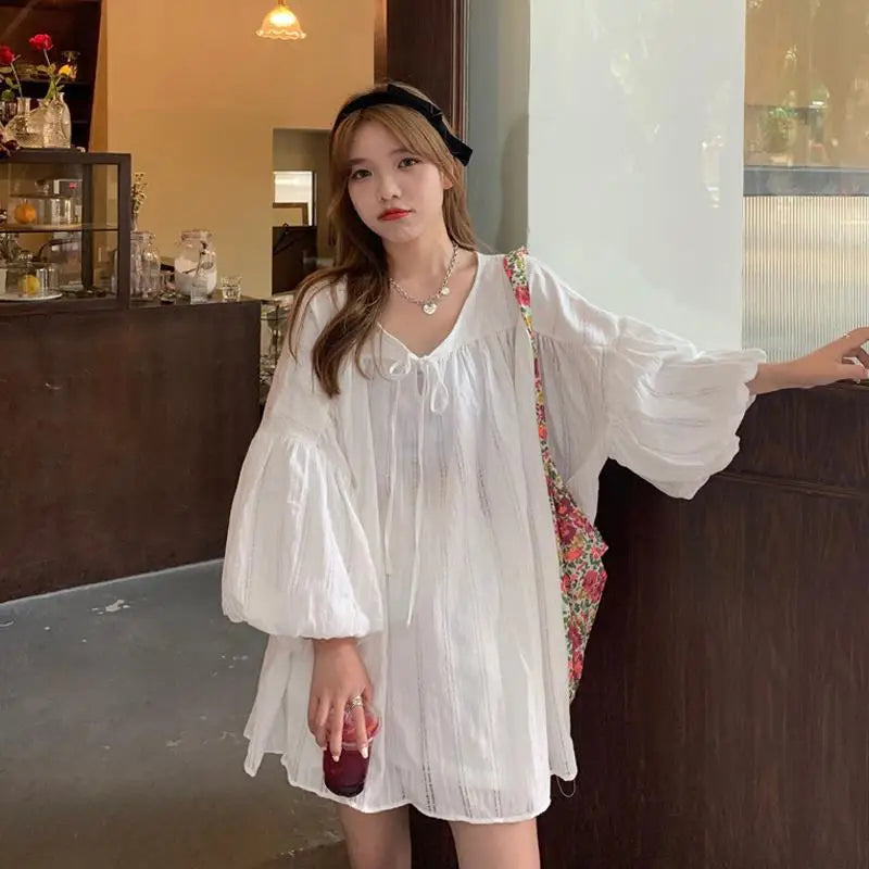 Simple Sheer Loose Lantern Sleeve Dress
